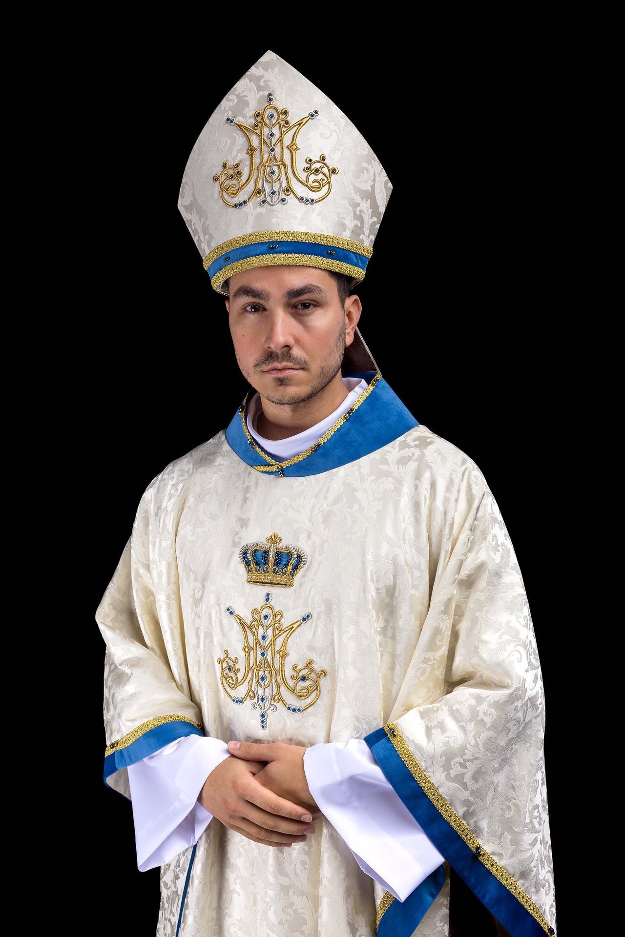 Ręcznie wykonana mitra maryjna z naturalnymi kamieniami Handmade 9006 - SZATYLITURGICZNE.PL