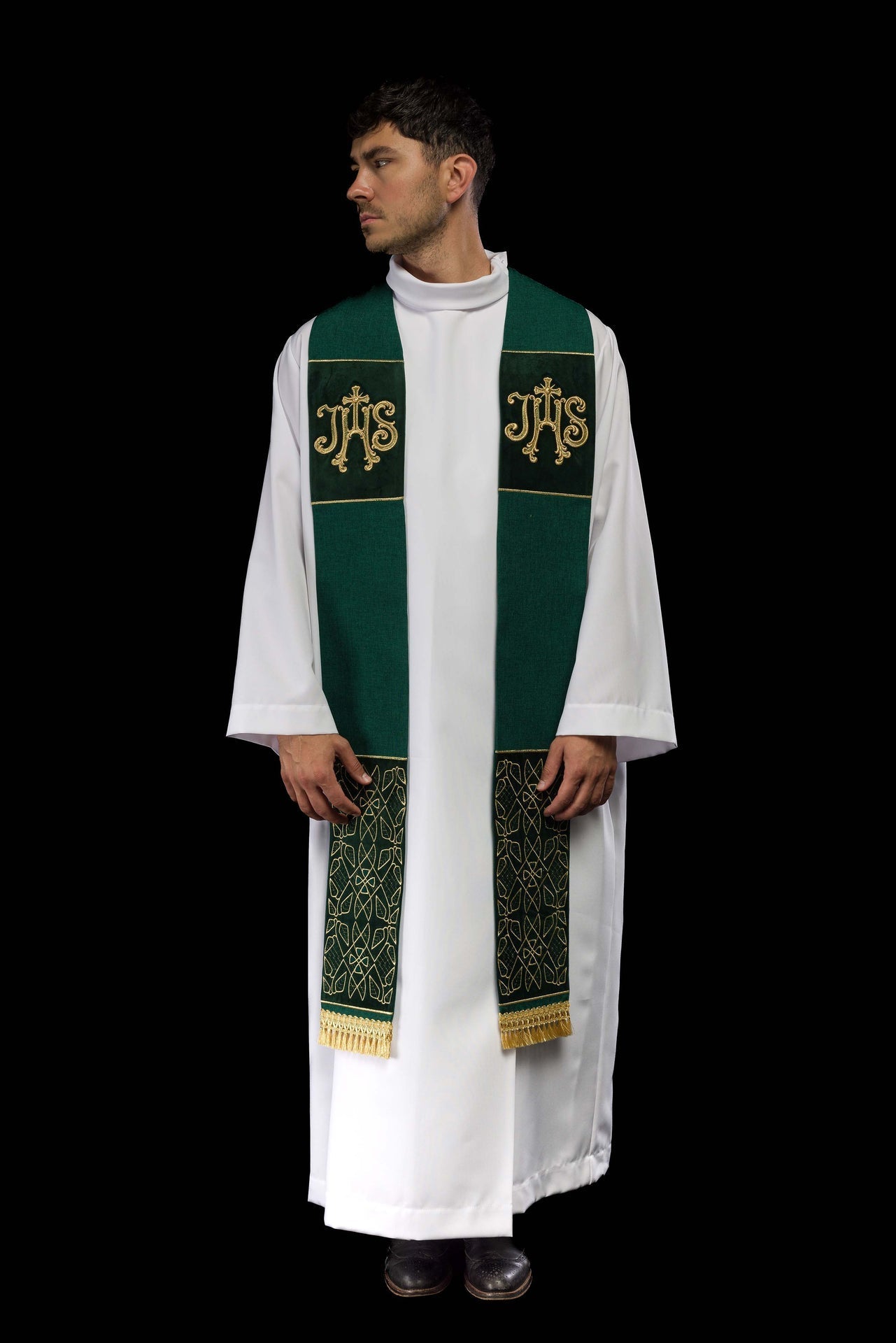 Stuła Aksamitna Zielona Haft IHS - Elegancka Liturgia - SZATYLITURGICZNE.PL