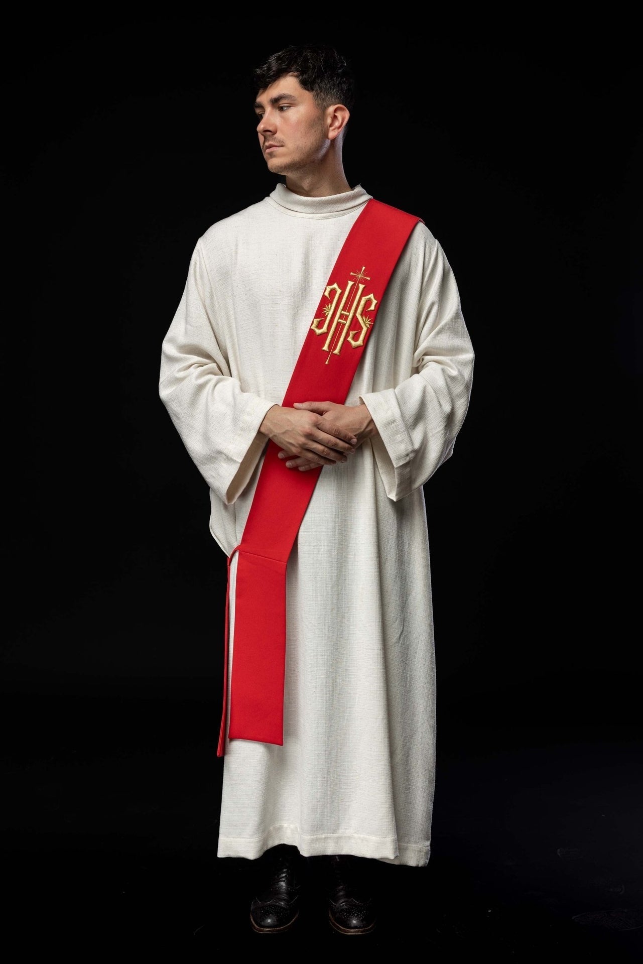 Stuła Diakońska IHS z Krzyżem - Haftowana Szata Liturgiczna - SZATYLITURGICZNE.PL
