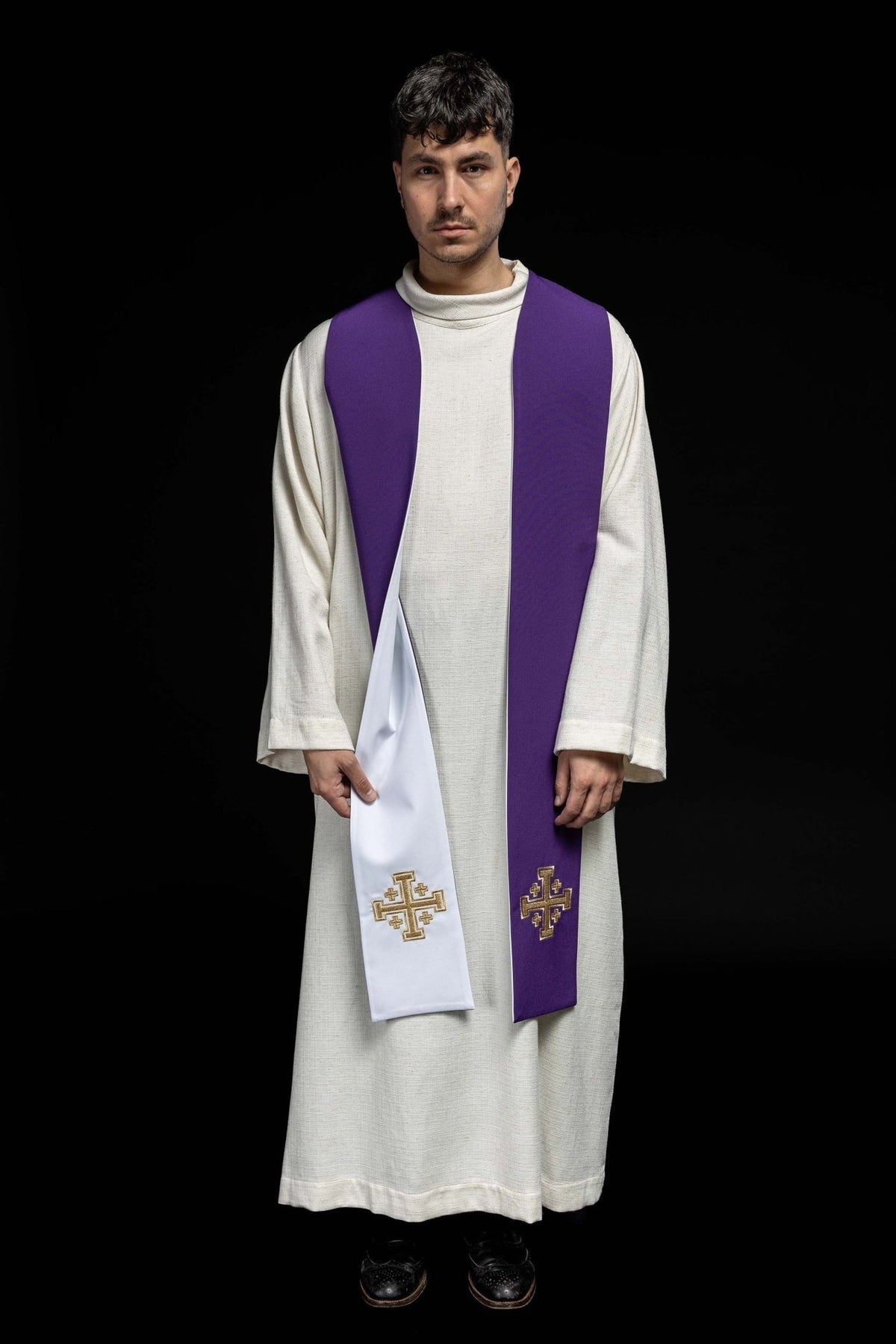 Stuła Dwustronna Liturgiczna Krzyż Jerozolimski - Fioletowo - Biała - SZATYLITURGICZNE.PL