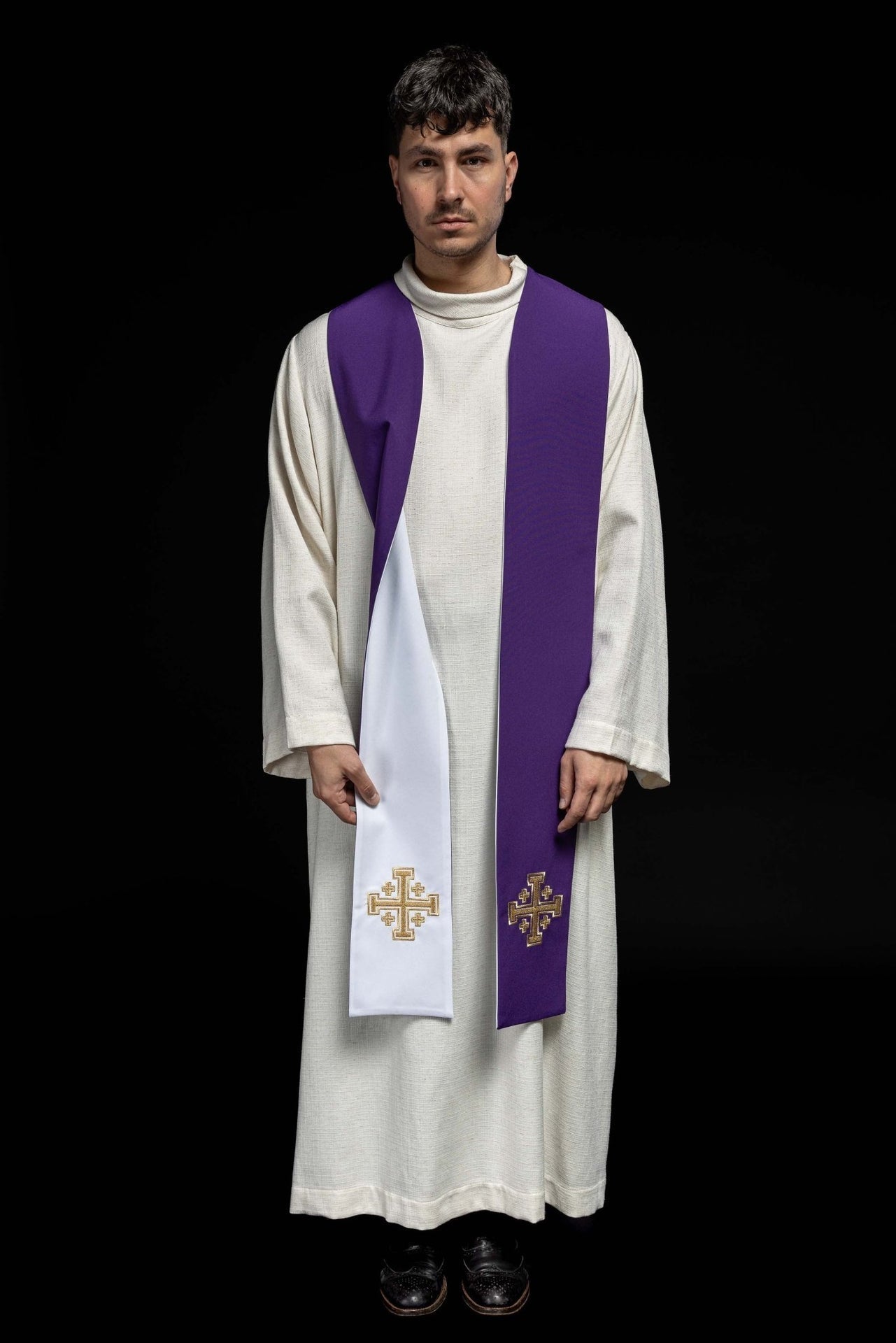 Stuła Dwustronna Liturgiczna Krzyż Jerozolimski - Fioletowo - Biała - SZATYLITURGICZNE.PL