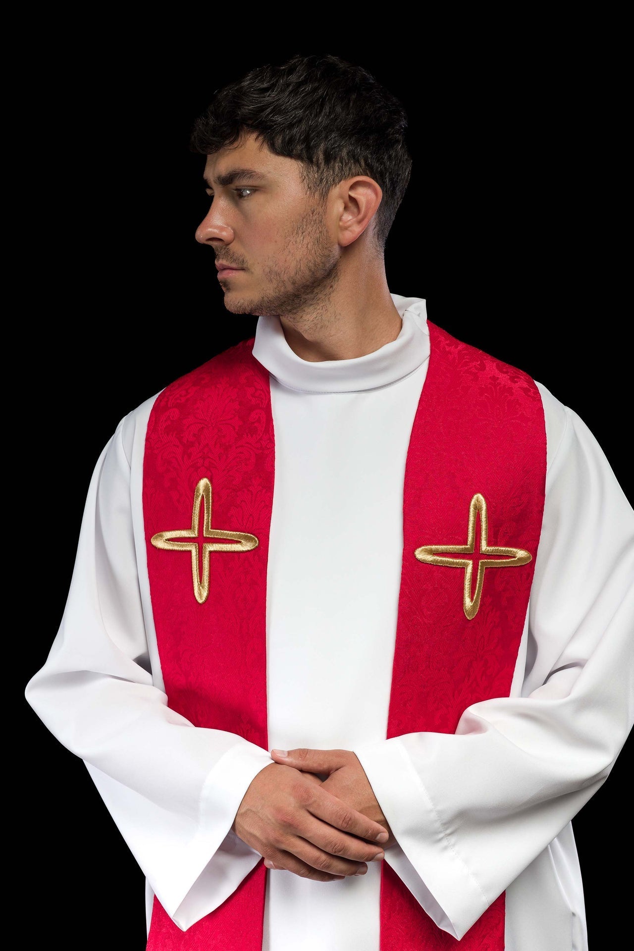 Stuła haftowana czerwona w krzyże żakardowa - SZATYLITURGICZNE.PL