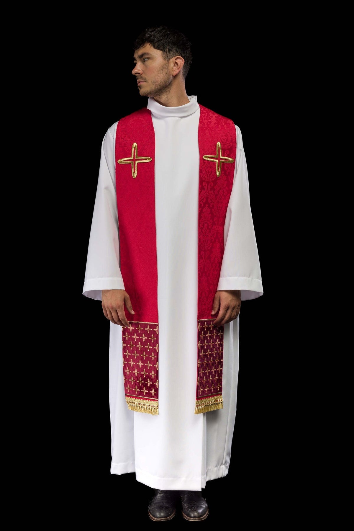 Stuła haftowana czerwona w krzyże żakardowa - SZATYLITURGICZNE.PL