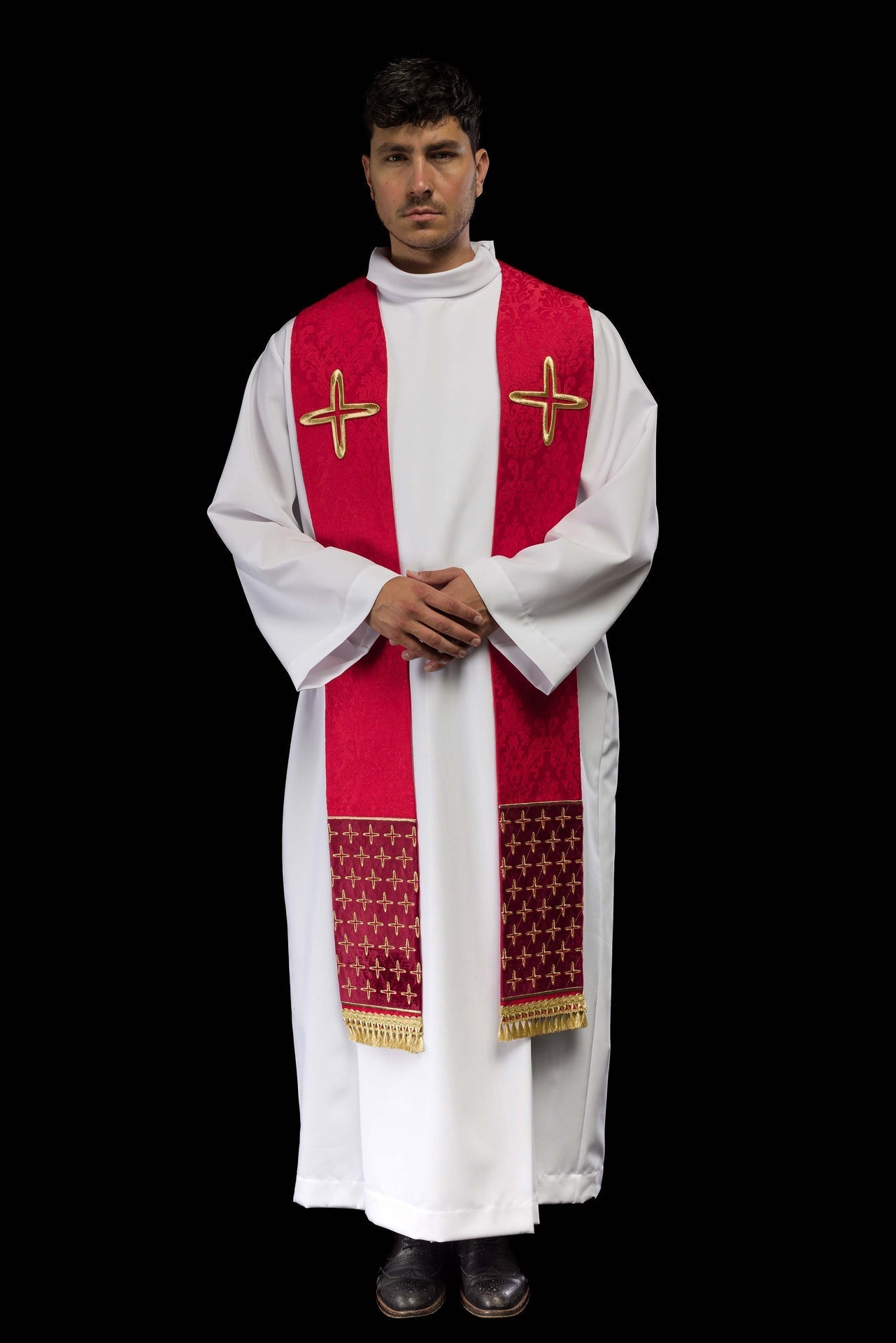 Stuła haftowana czerwona w krzyże żakardowa - SZATYLITURGICZNE.PL