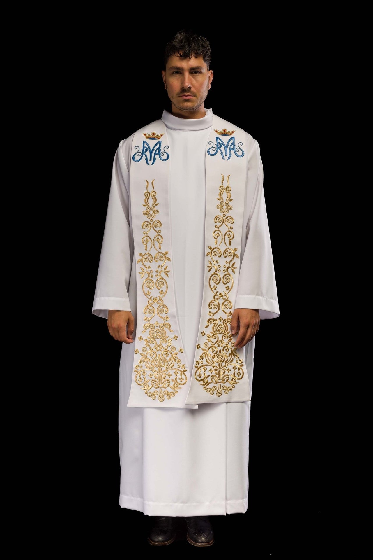 Stuła Kapłańska Biała Haftowana Maryjna z Koroną - Polska Produkcja - SZATYLITURGICZNE.PL