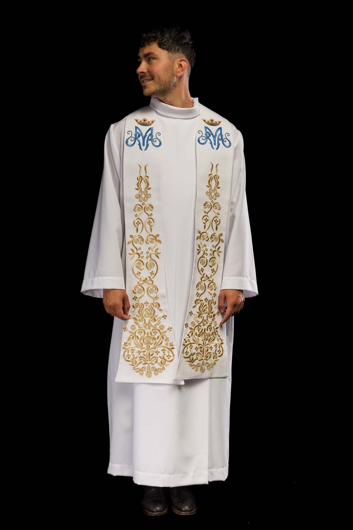 Stuła Kapłańska Biała Haftowana Maryjna z Koroną - Polska Produkcja - SZATYLITURGICZNE.PL