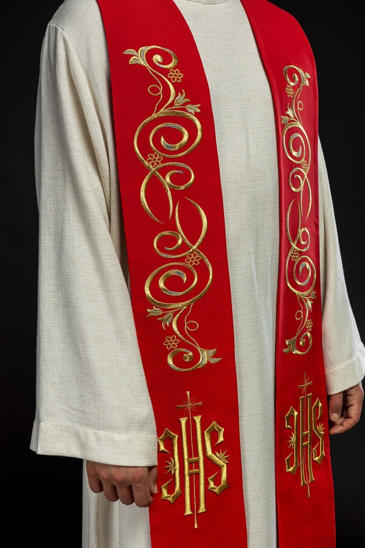 Stuła Kapłańska Czerwona Haft IHS - Elegancka Liturgia - SZATYLITURGICZNE.PL