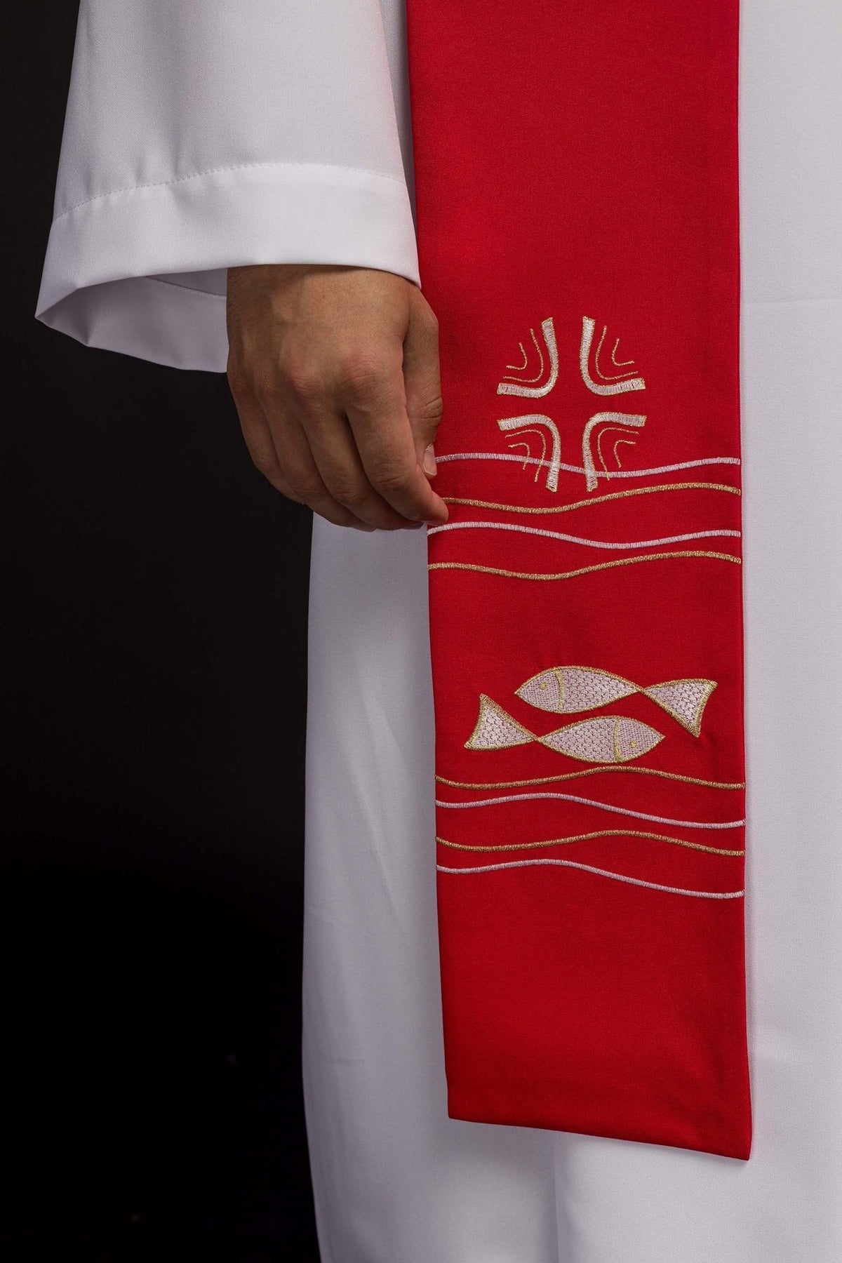 Stuła Kapłańska Czerwona Haftowana Ryby - Elegancka Liturgia - SZATYLITURGICZNE.PL