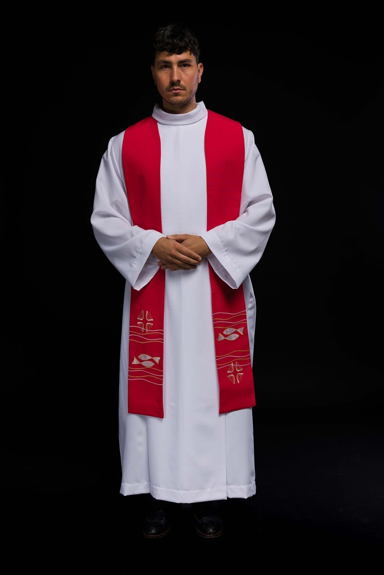 Stuła Kapłańska Czerwona Haftowana Ryby - Elegancka Liturgia - SZATYLITURGICZNE.PL