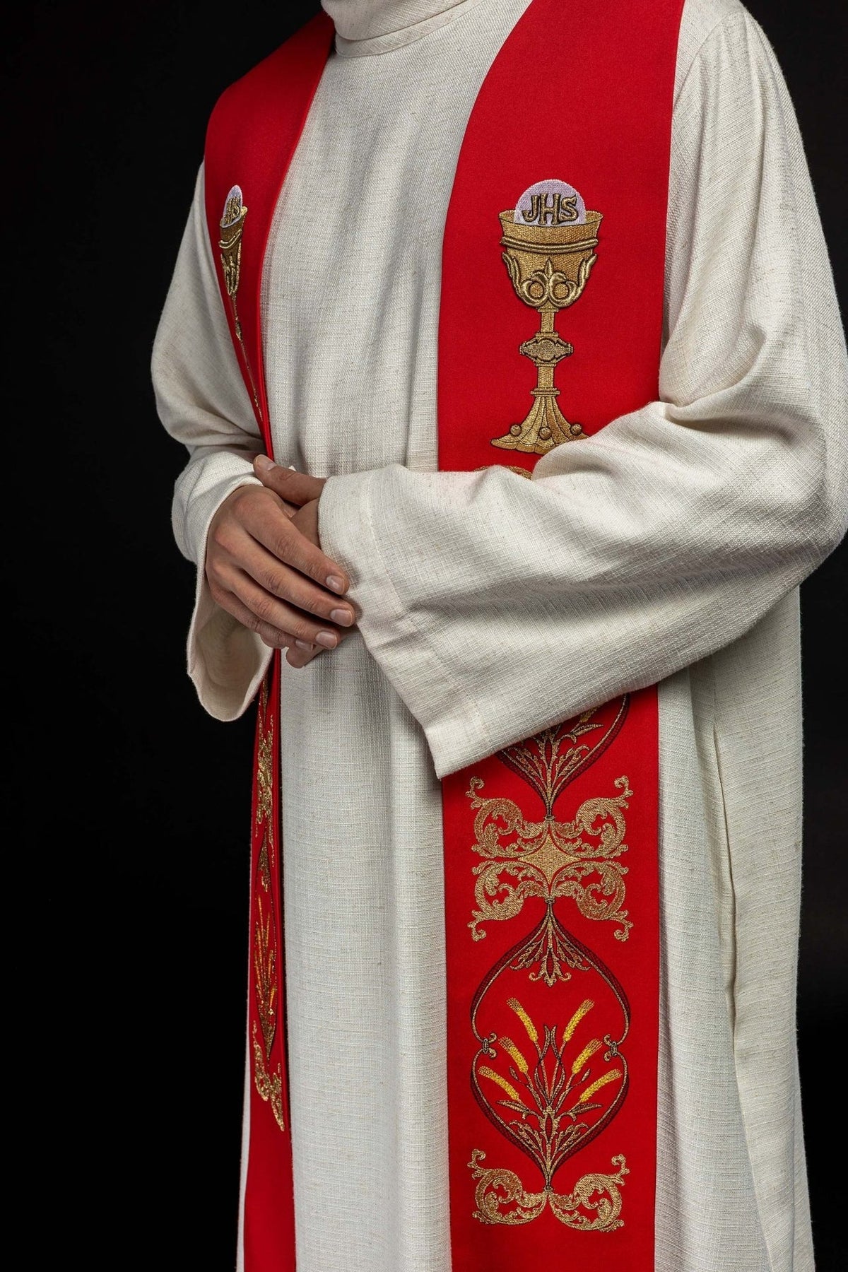 Stuła Kapłańska Czerwona z Haftem IHS Kielich - Eucharystyczna - SZATYLITURGICZNE.PL