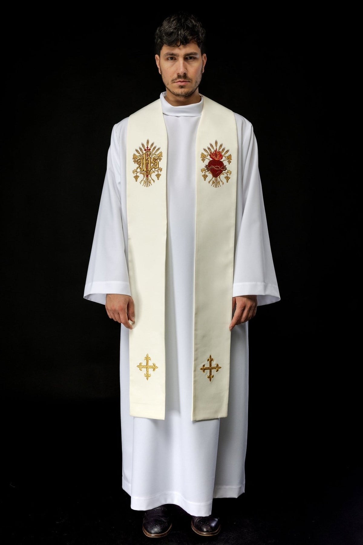 Stuła Kapłańska Ecru Haft Krzyż IHS Serce Jezusowe - SZATYLITURGICZNE.PL