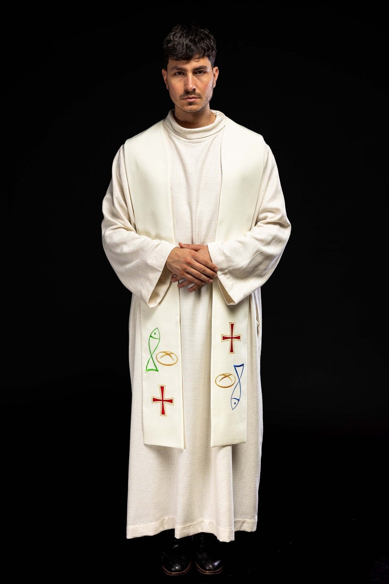 Stuła Kapłańska Ecru Haftowana Ryba Chleb Krzyż - Polska Produkcja - SZATYLITURGICZNE.PL