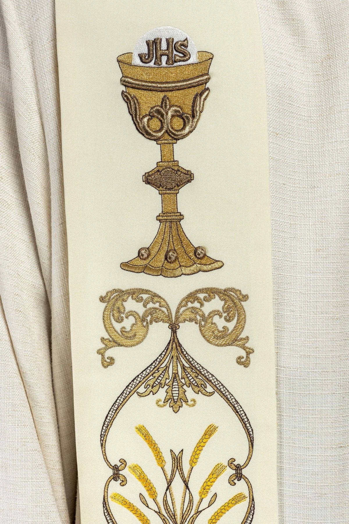 Stuła Kapłańska Ecru Kielich IHS - Haftowana Szata Liturgiczna - SZATYLITURGICZNE.PL