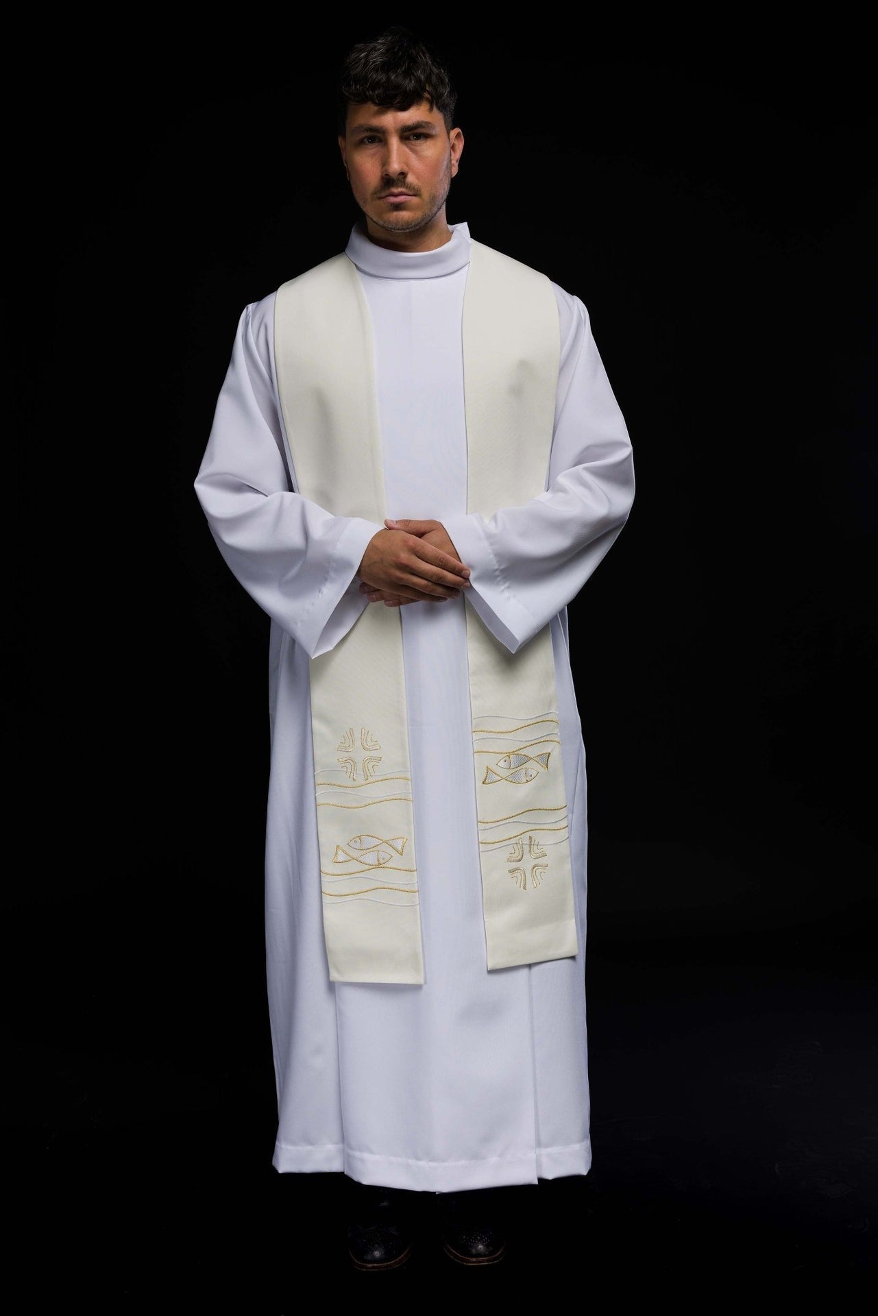 Stuła Kapłańska Ecru z Haftem Ryb - Elegancka Szata Liturgiczna - SZATYLITURGICZNE.PL