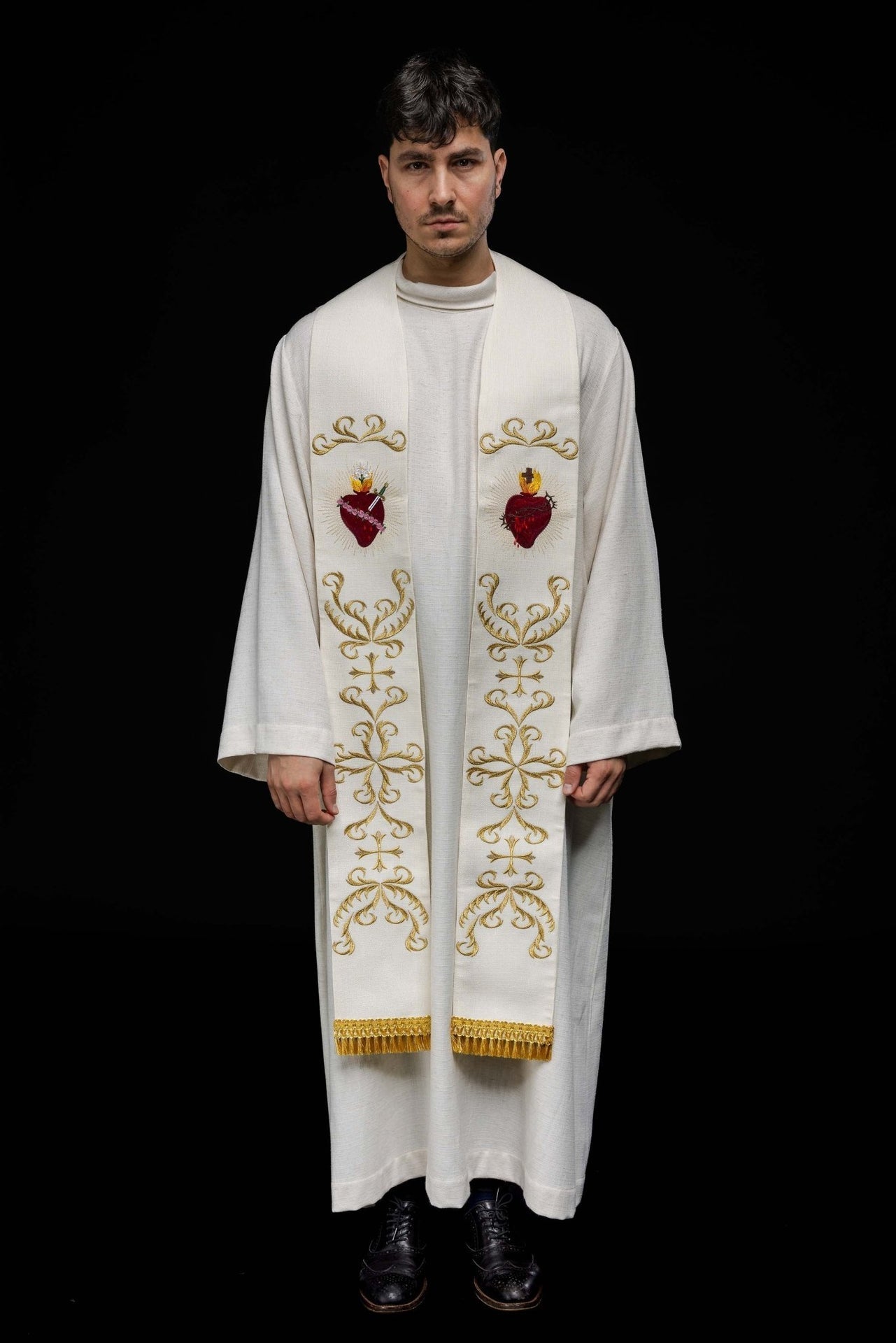 Stuła Kapłańska Ecru z Haftem Serca Jezusa i Maryi - SZATYLITURGICZNE.PL