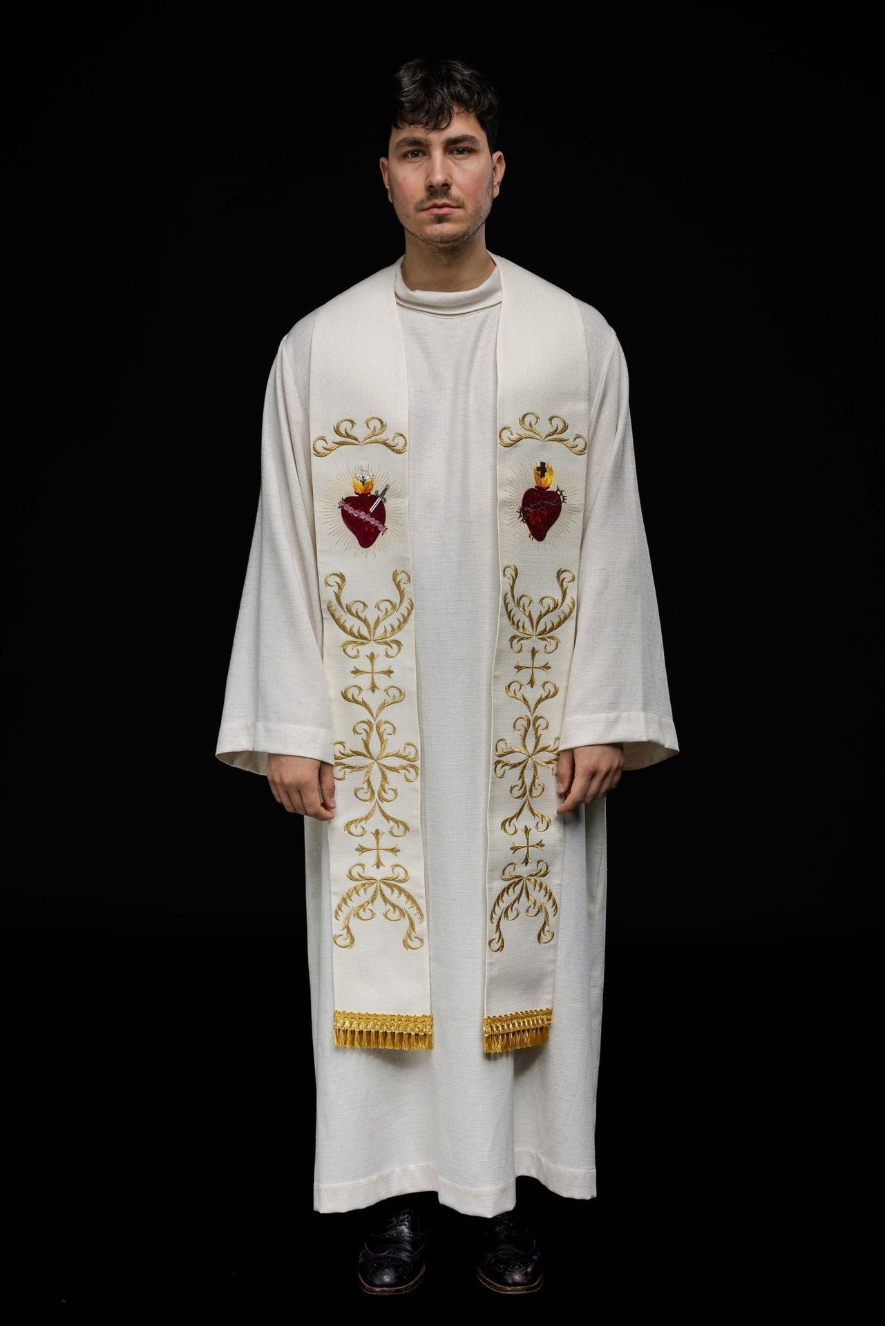 Stuła Kapłańska Ecru z Haftem Serca Jezusa i Maryi - SZATYLITURGICZNE.PL