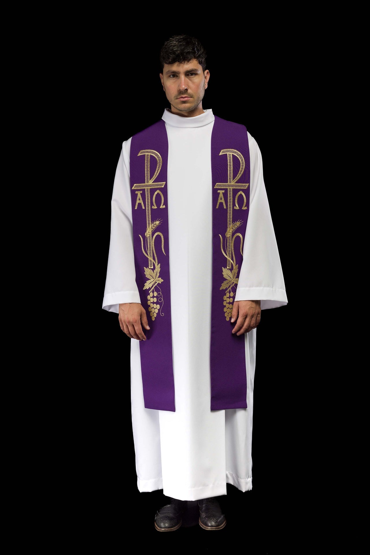 Stuła Kapłańska Fioletowa z Haftem Alfa i Omega - Elegancka - SZATYLITURGICZNE.PL