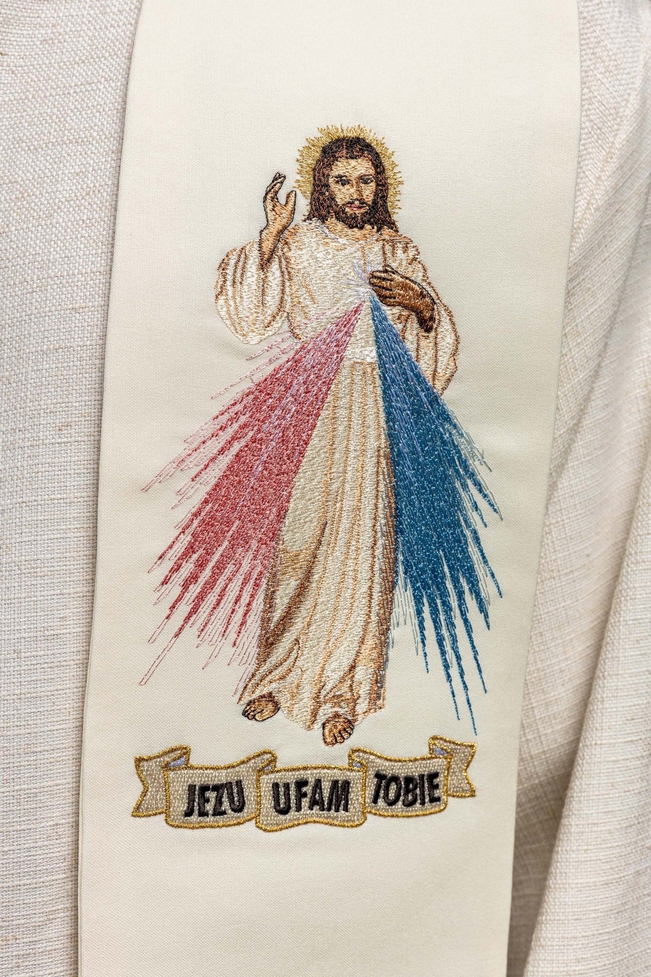 Stuła kapłańska Jezus Miłosierny Jezu Ufam Tobie ecru - SZATYLITURGICZNE.PL