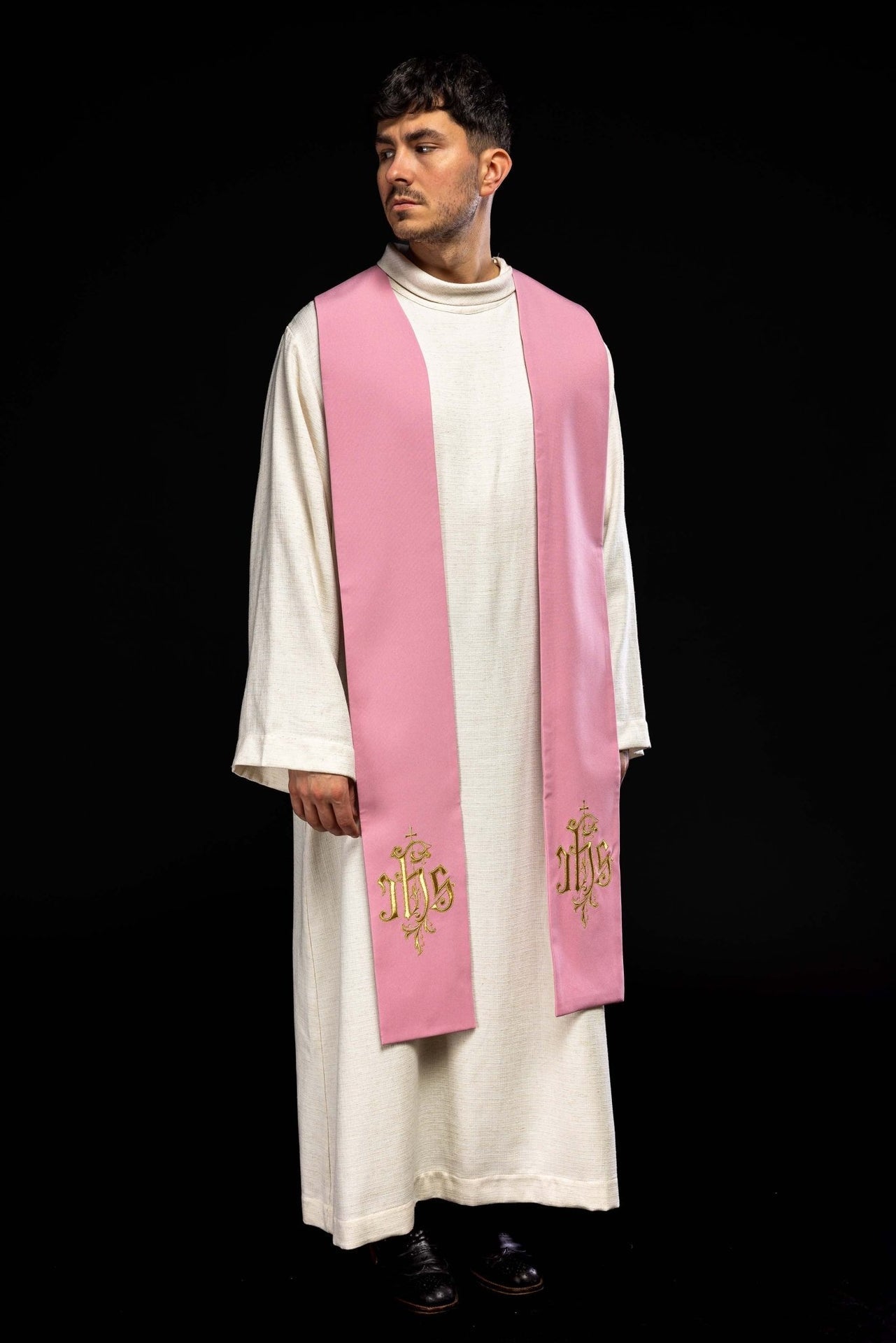 Stuła Kapłańska Różowa IHS - Haftowana Szata Liturgiczna - SZATYLITURGICZNE.PL