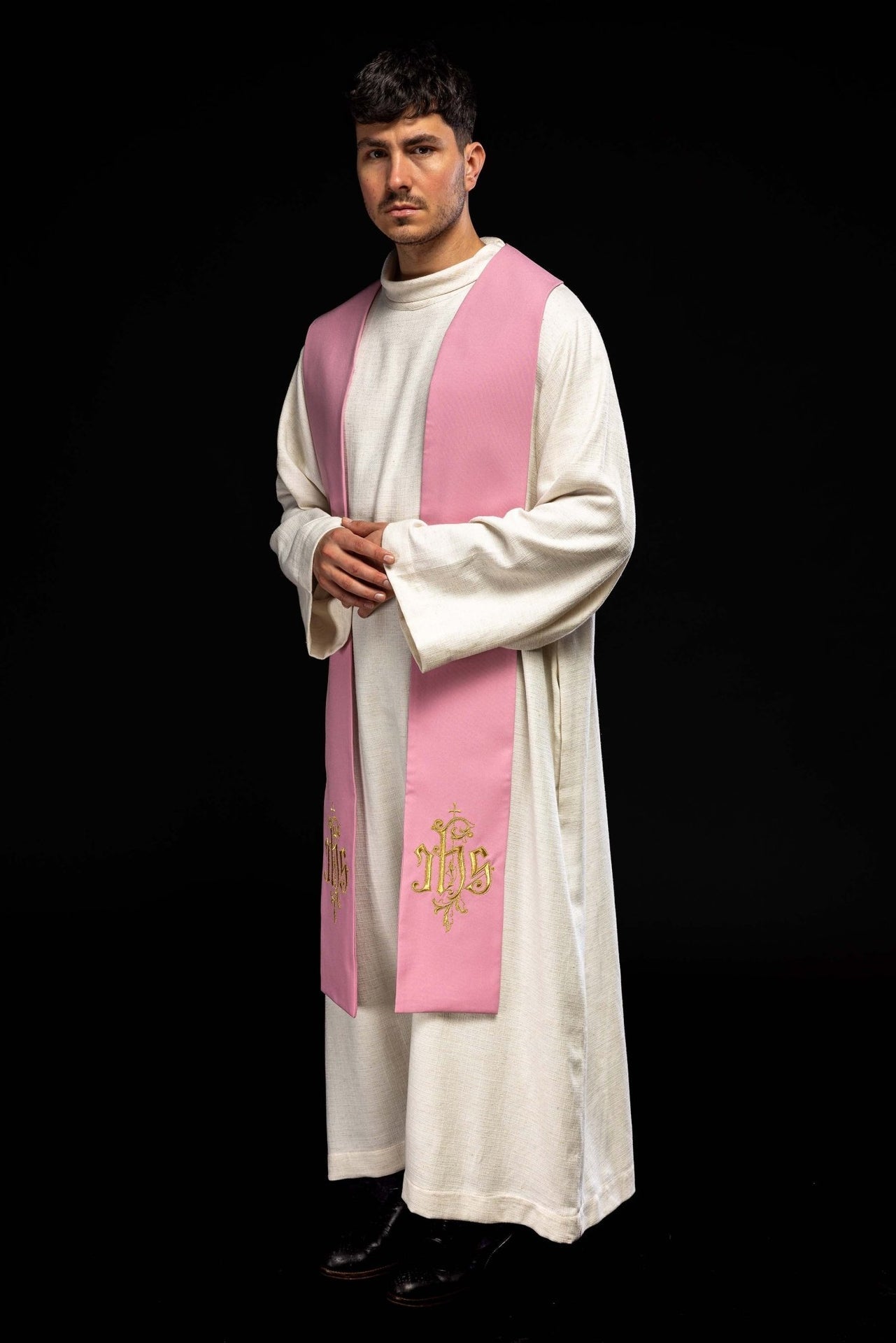 Stuła Kapłańska Różowa IHS - Haftowana Szata Liturgiczna - SZATYLITURGICZNE.PL