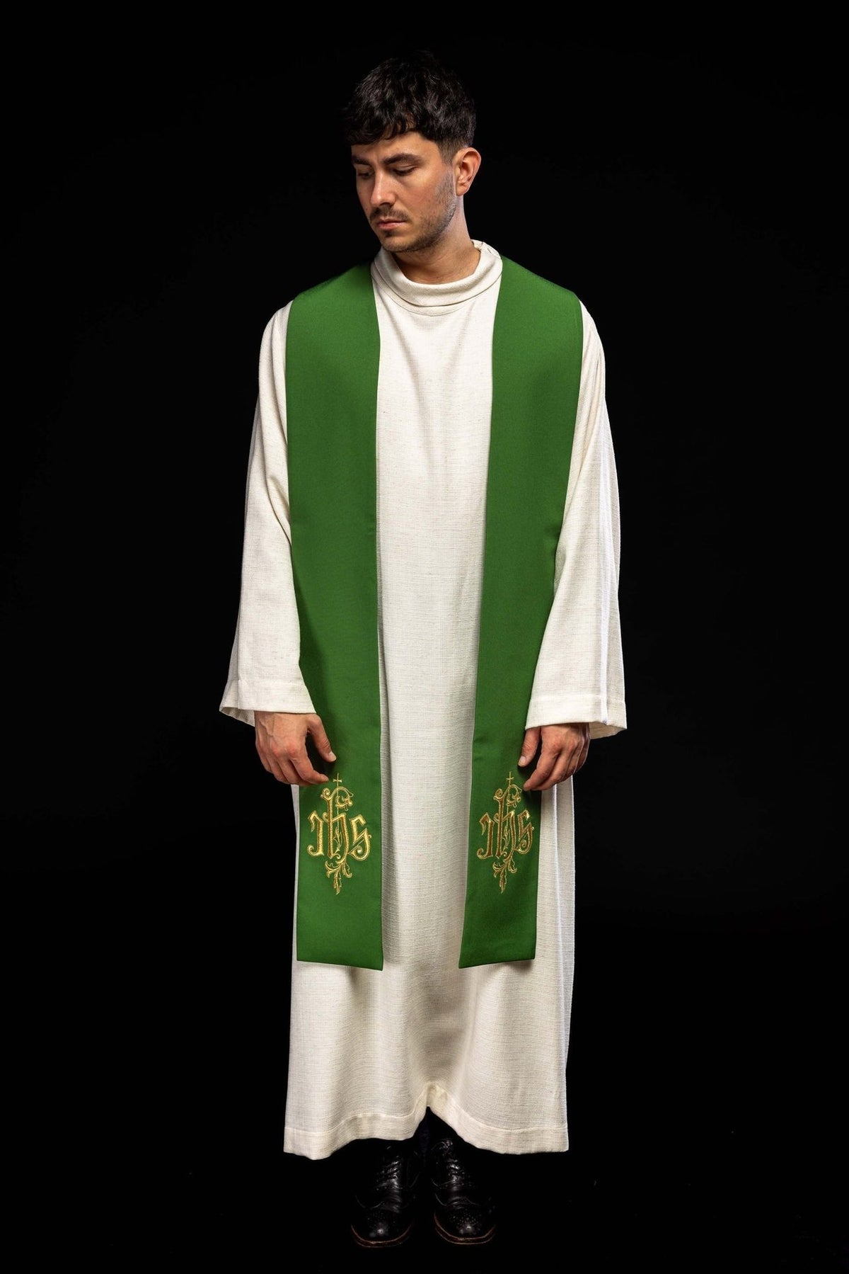 Stuła Kapłańska Zielona Haft IHS - Liturgia i Tradycja - SZATYLITURGICZNE.PL