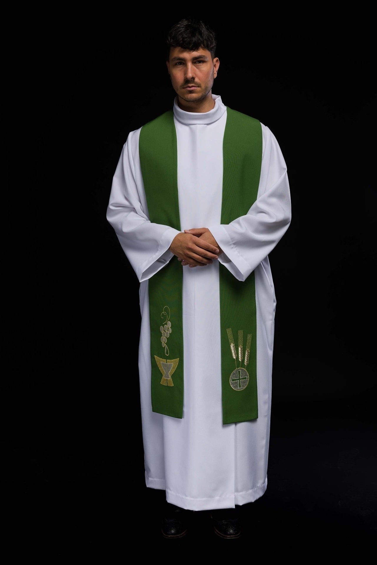 Stuła Kapłańska Zielona Haftowana Kielich - Kłosy - Winogrona - SZATYLITURGICZNE.PL