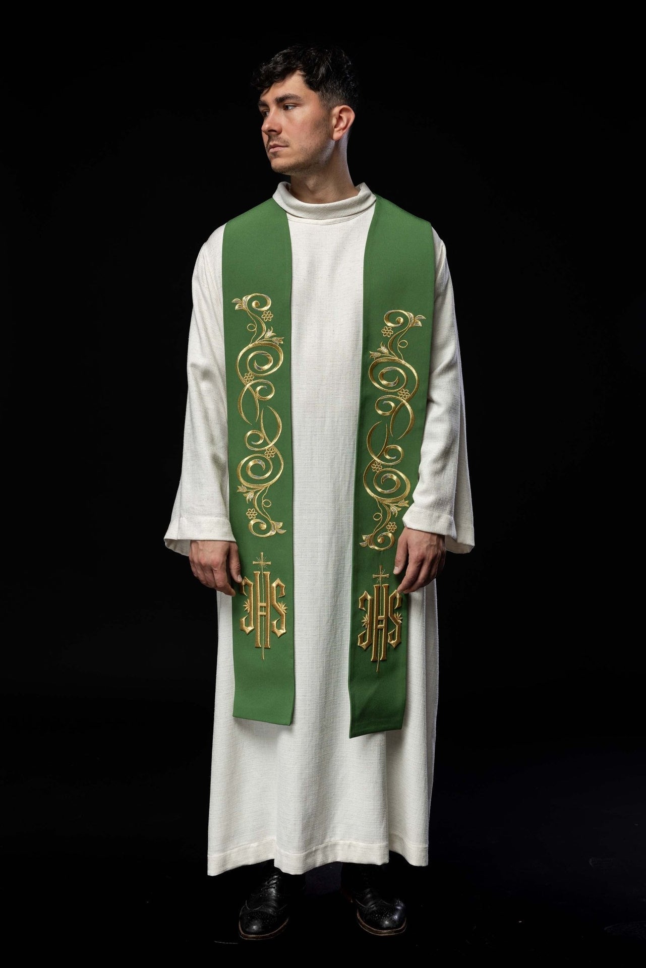 Stuła Kapłańska Zielona IHS Haft Komputerowy - Elegancka Liturgia - SZATYLITURGICZNE.PL
