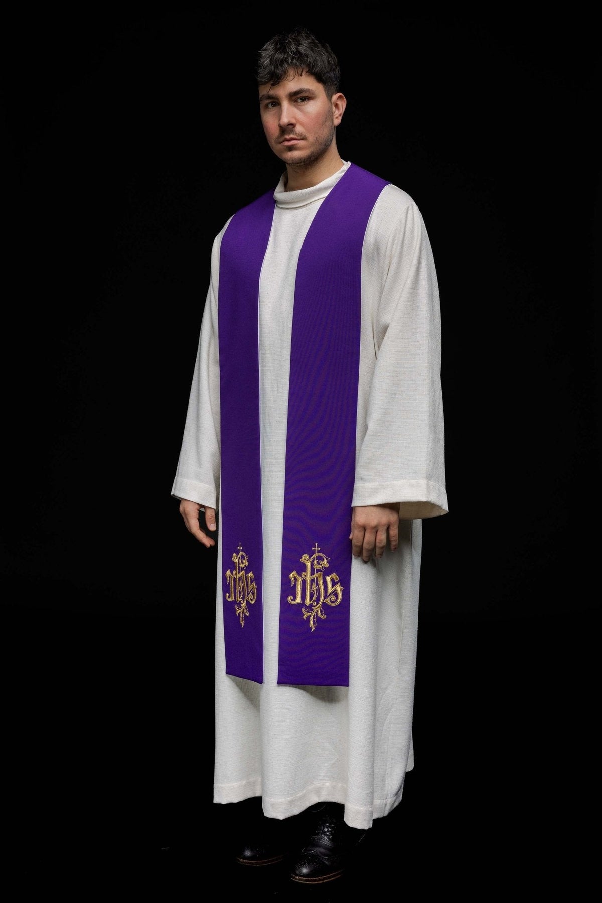 Stuła Liturgiczna Dwustronna IHS - Fioletowo - Biała z Haftem - SZATYLITURGICZNE.PL