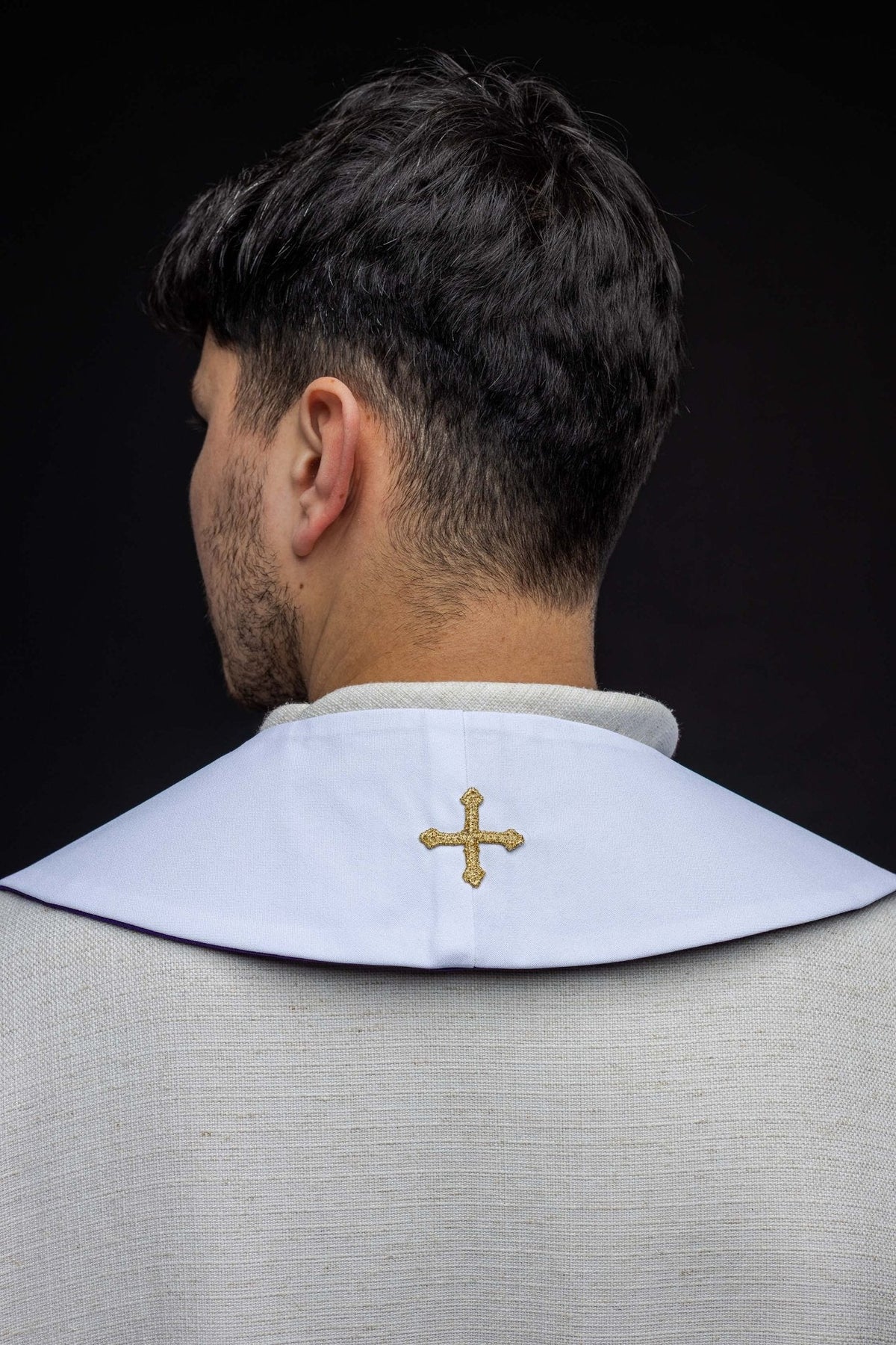 Stuła Liturgiczna Dwustronna IHS - Fioletowo - Biała z Haftem - SZATYLITURGICZNE.PL