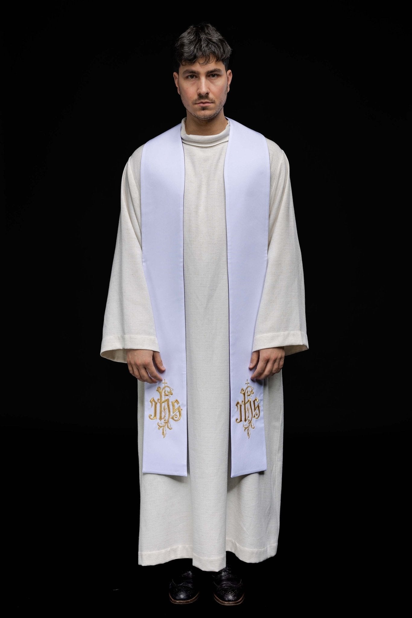 Stuła Liturgiczna Dwustronna IHS - Fioletowo - Biała z Haftem - SZATYLITURGICZNE.PL
