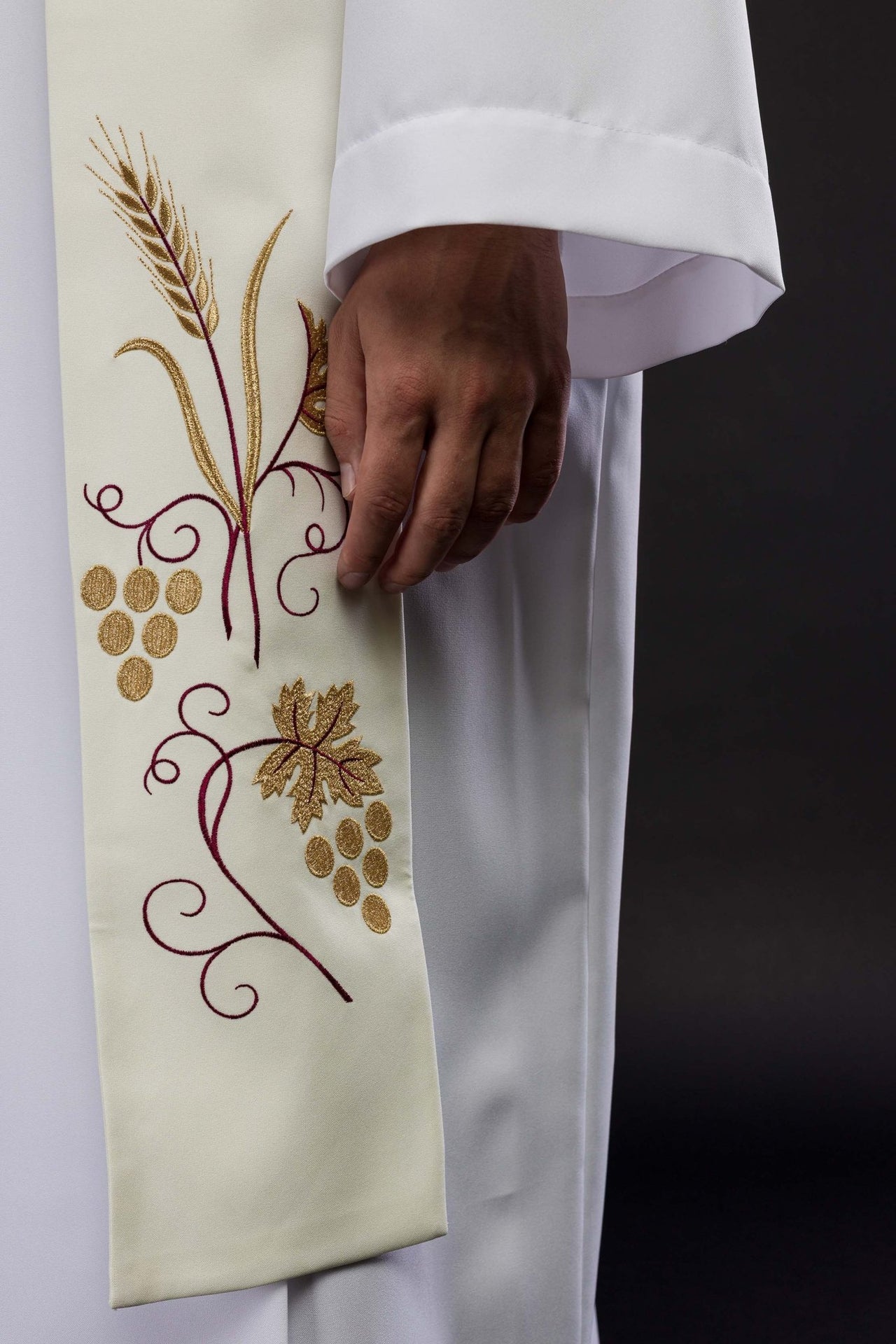 Stuła liturgiczna ecru haftowana - winogrona i kłosy - SZATYLITURGICZNE.PL