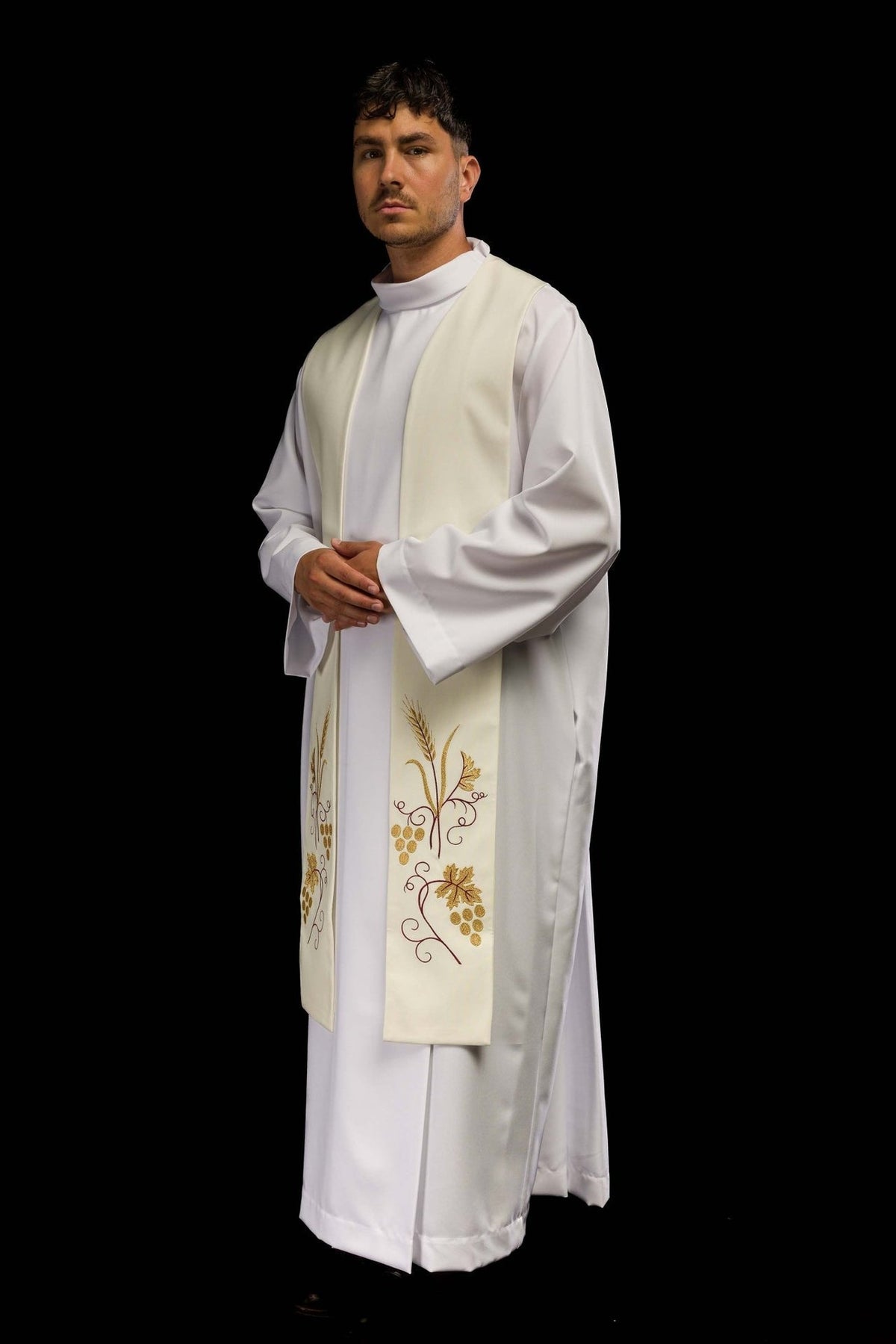 Stuła liturgiczna ecru haftowana - winogrona i kłosy - SZATYLITURGICZNE.PL