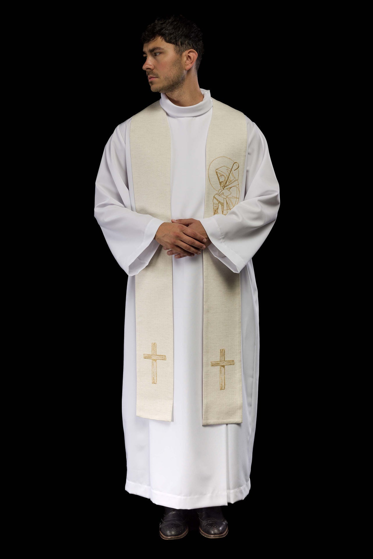 Stuła Liturgiczna Ecru - Jezus Dobry Pasterz z Haftem - SZATYLITURGICZNE.PL