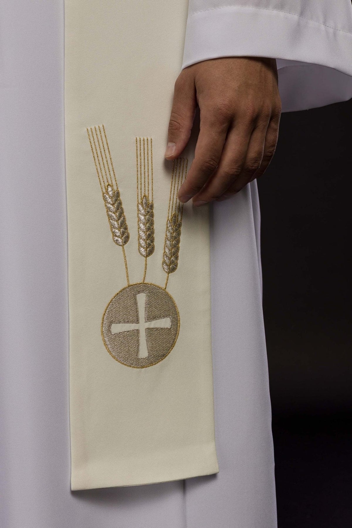Stuła Liturgiczna Ecru - Kielich, Kłosy i Winogrona - Haft Komputerowy - SZATYLITURGICZNE.PL
