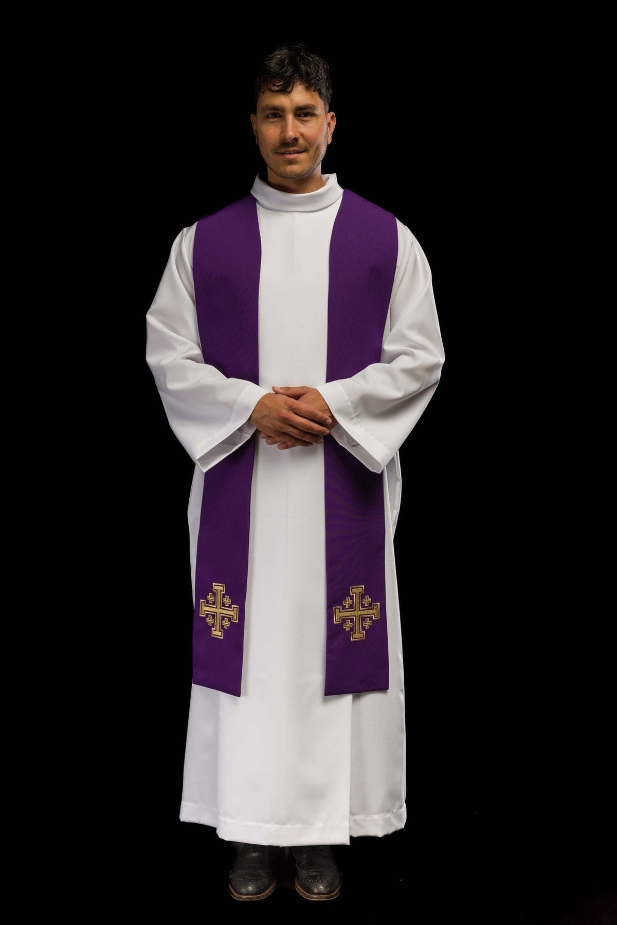 Stuła Liturgiczna Fioletowa z Haftem Krzyża Jerozolimskiego - SZATYLITURGICZNE.PL