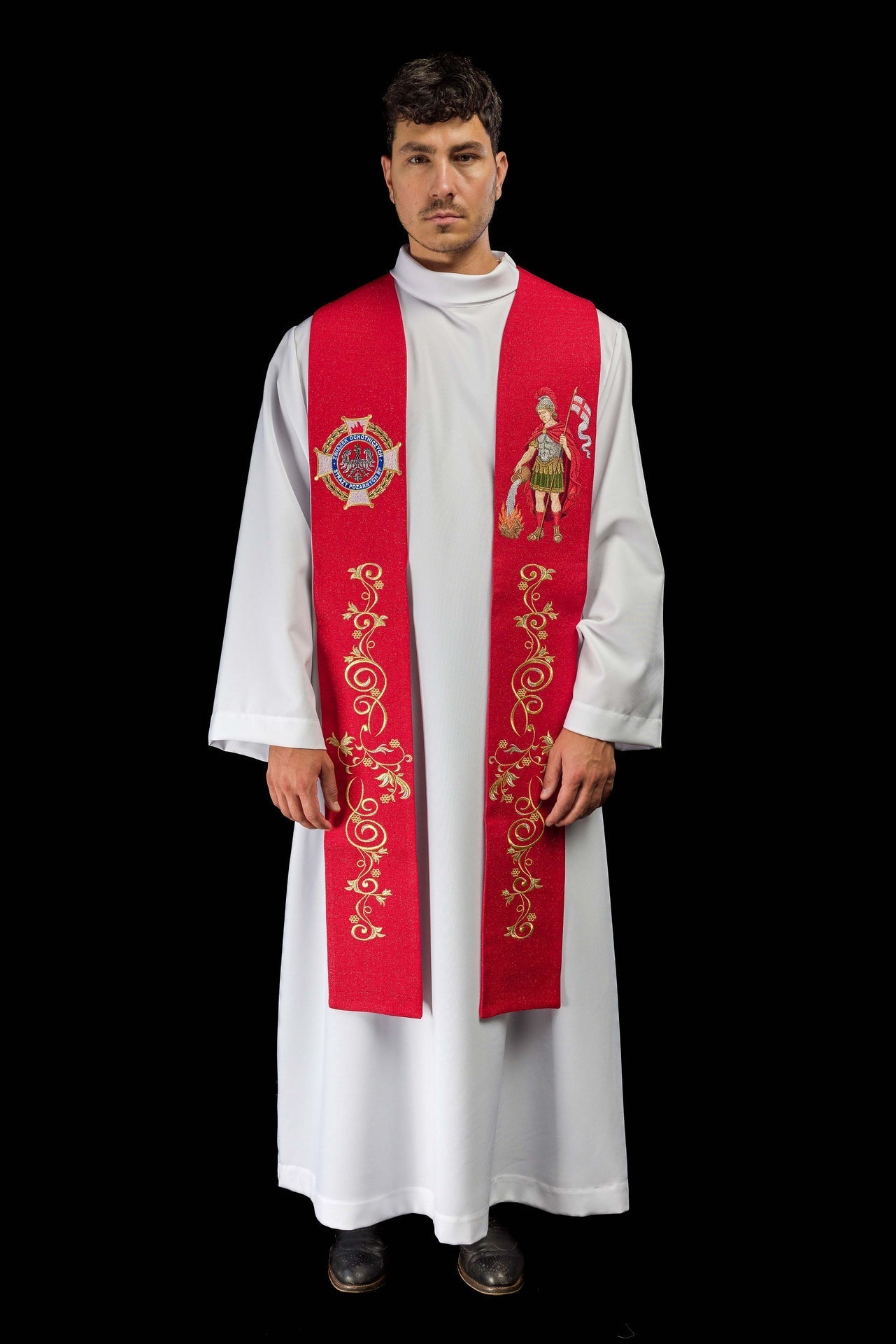 Stuła Liturgiczna Haftowana Św. Florian - Strażak, Polska Produkcja - SZATYLITURGICZNE.PL
