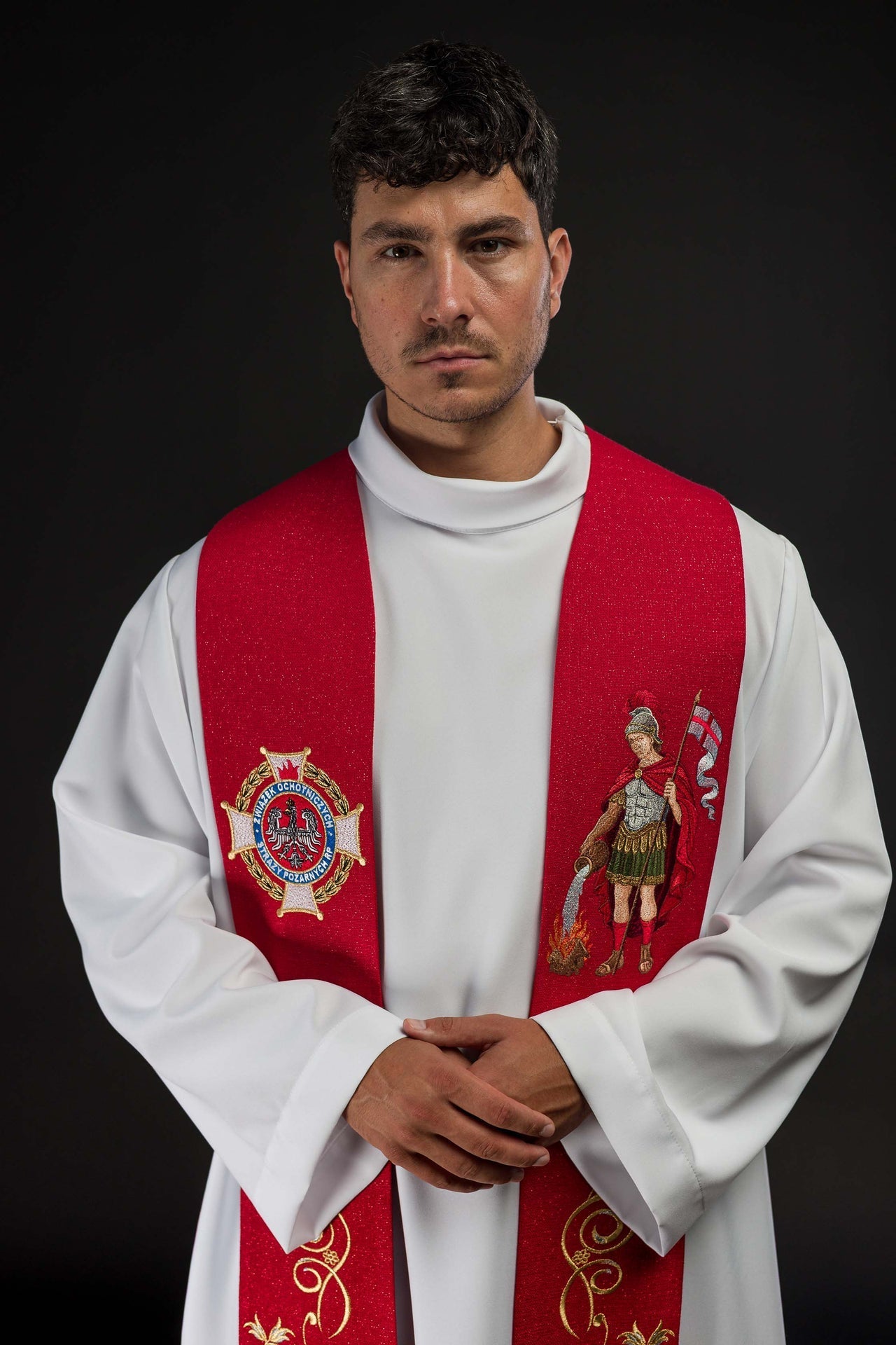 Stuła Liturgiczna Haftowana Św. Florian - Strażak, Polska Produkcja - SZATYLITURGICZNE.PL