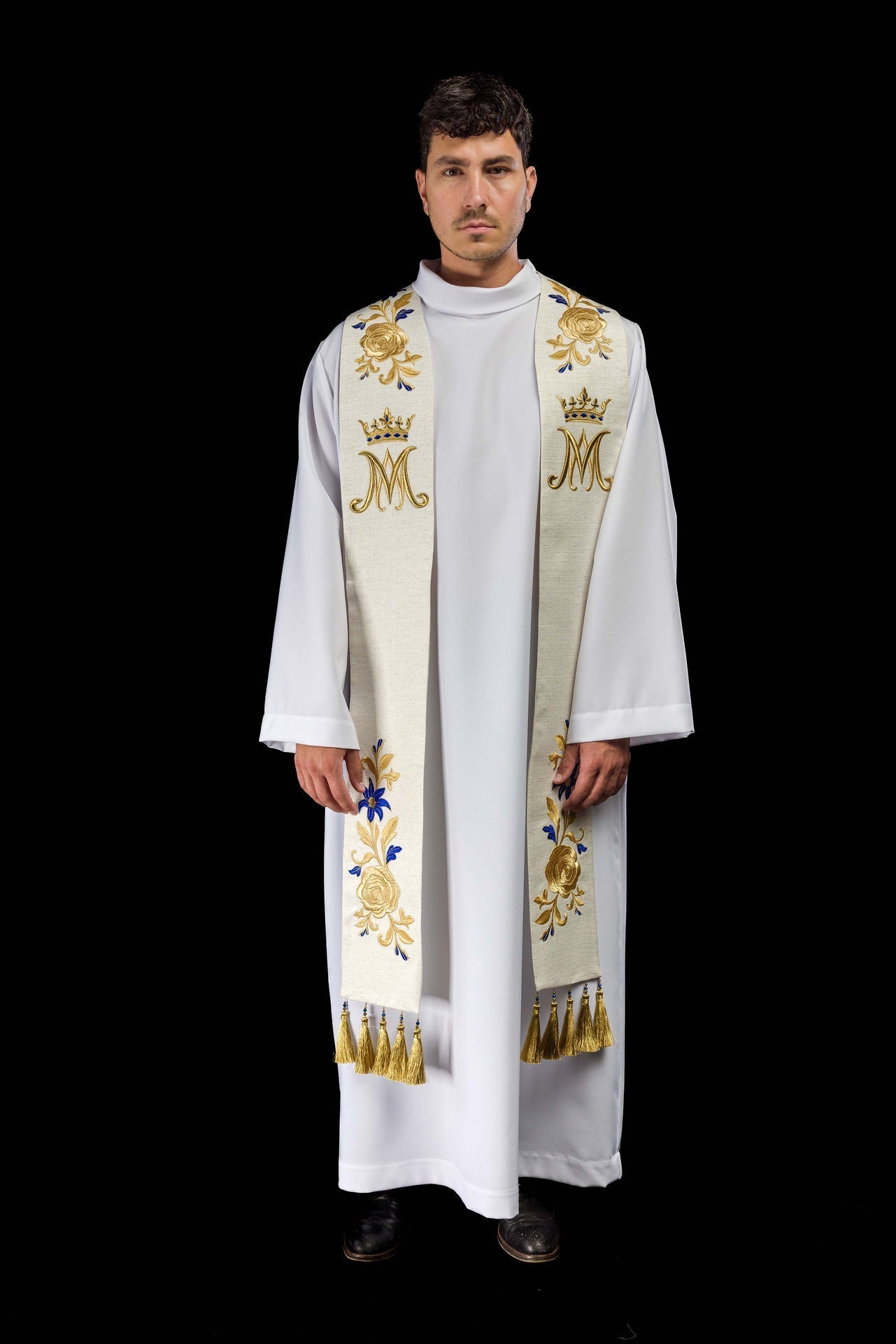 Stuła Maryjna Ecru z Haftem Złoto - Niebieskim - Żakardowa - SZATYLITURGICZNE.PL