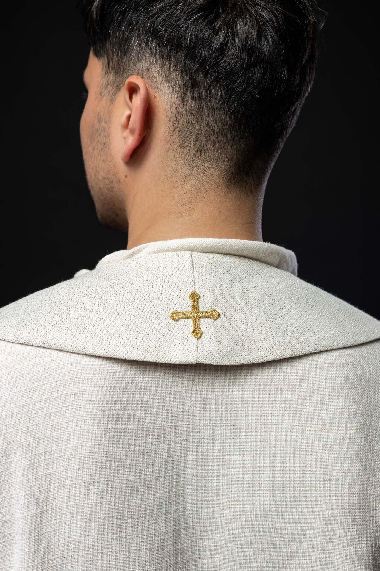 Stuła Maryjna Haftowana Ecru - Złoto - Niebieski Żakard Bawełna - SZATYLITURGICZNE.PL