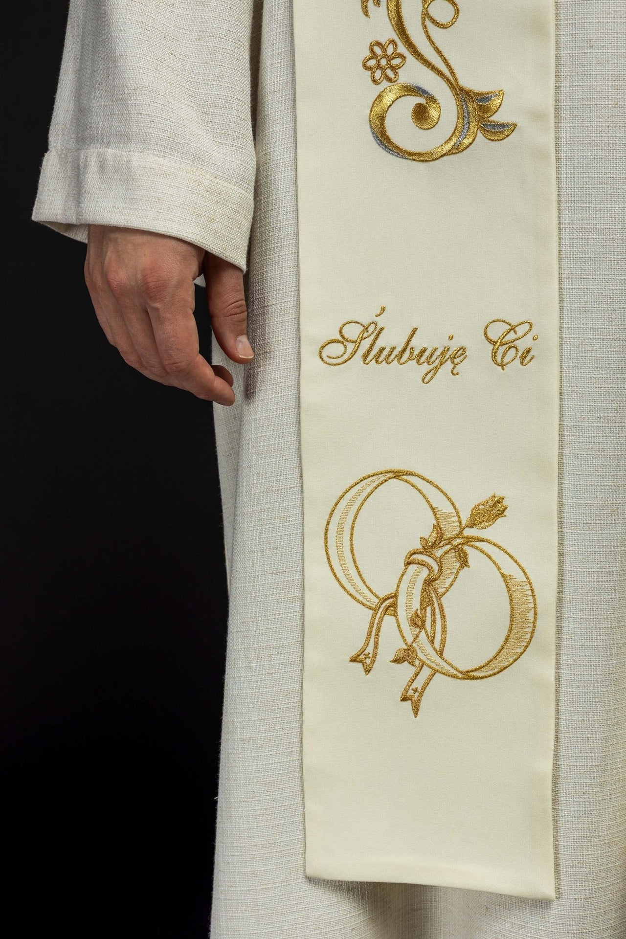 Stuła Ślubna Kremowa z Haftem "Ślubuję Miłość" - Długa - SZATYLITURGICZNE.PL