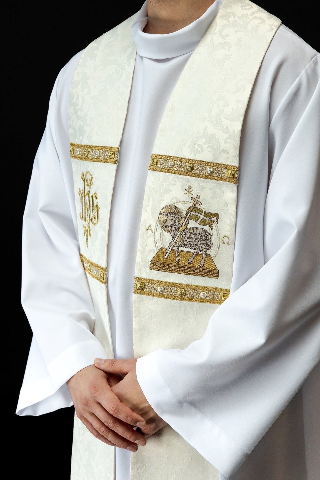 Stuła Wielkanocna Ecru z Haftem Baranka Bożego - Polska Produkcja - SZATYLITURGICZNE.PL