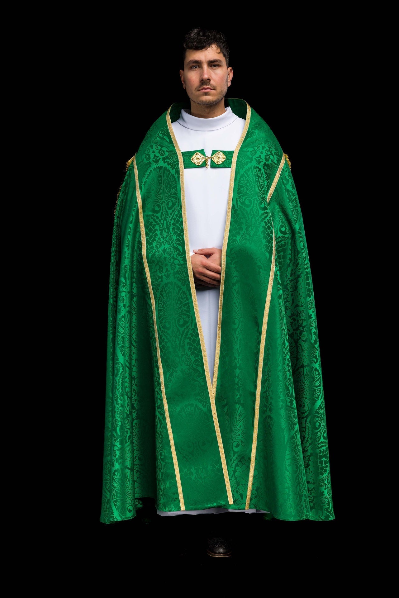 Żakardowa kapa rzymska gładka Zielona - SZATYLITURGICZNE.PL